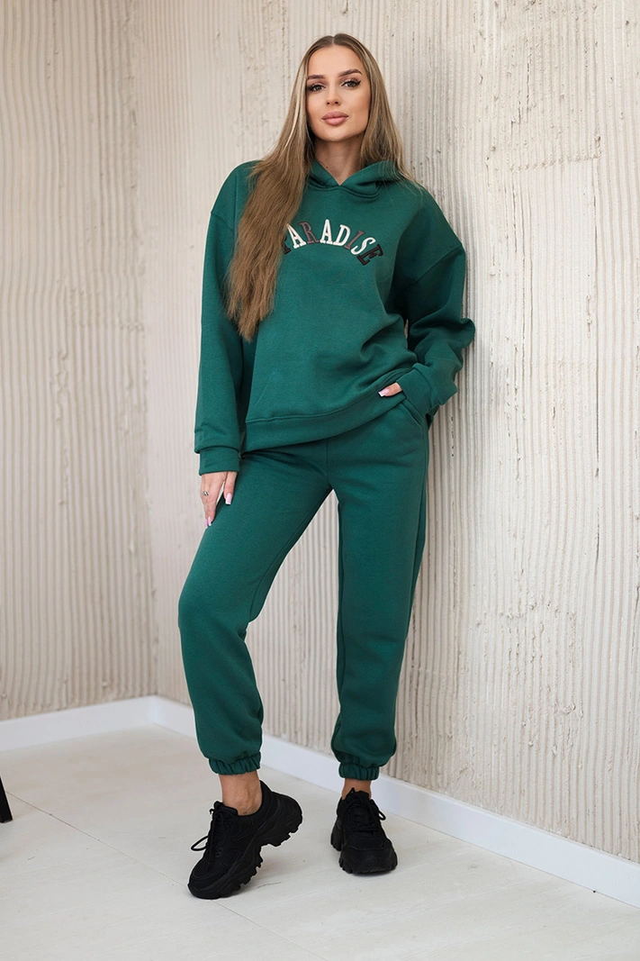 Cotton set with embroidered inscription Paradise green