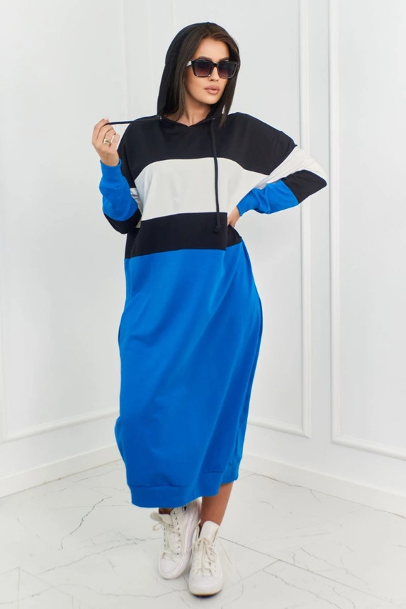 Tricolor dress with hood black + ecru + cornflower