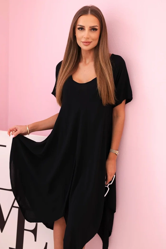 Damenkleid aus Viskose mit kurzen Ärmeln und ausgestelltem Saum black