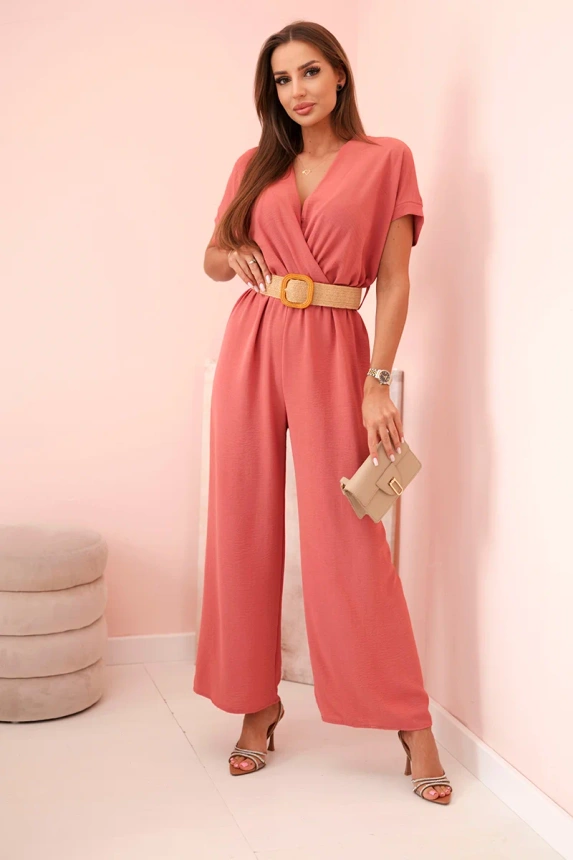 Overalls with a decorative belt at the waist dark pink