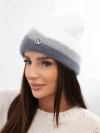 Damenmütze Beanie gerippt mit Verzierung weiß+dunkelgrau