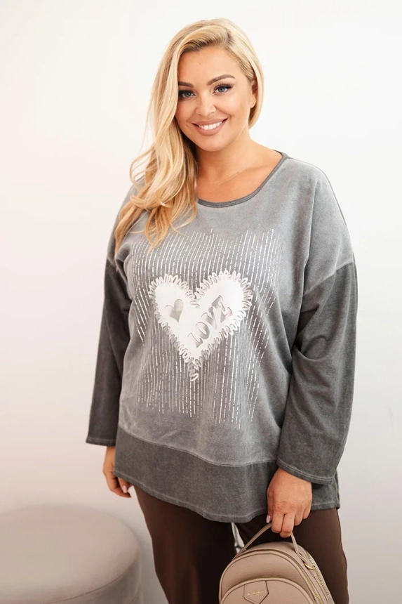 Dámska mikina Plus Size bavlnená s potlačou srdca a šnúrkami grafitová
