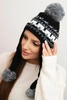 Women's winter wool hat with ear flaps and pom-poms K436 black + graphite
