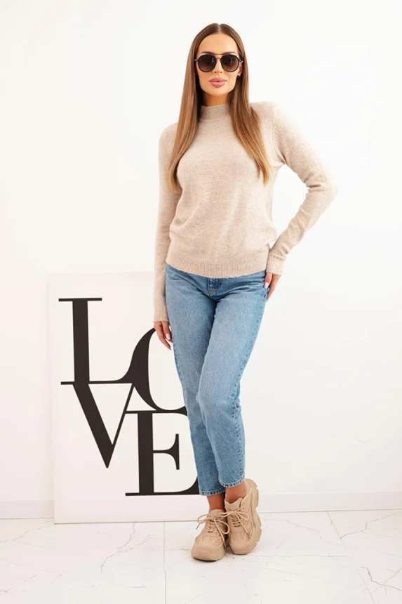 Women's sweater with a mock turtleneck made of soft knit dark beige