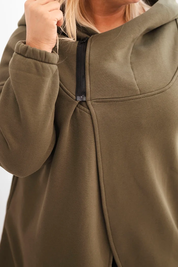 Women's Plus Size insulated hoodie with an asymmetrical zipper khaki