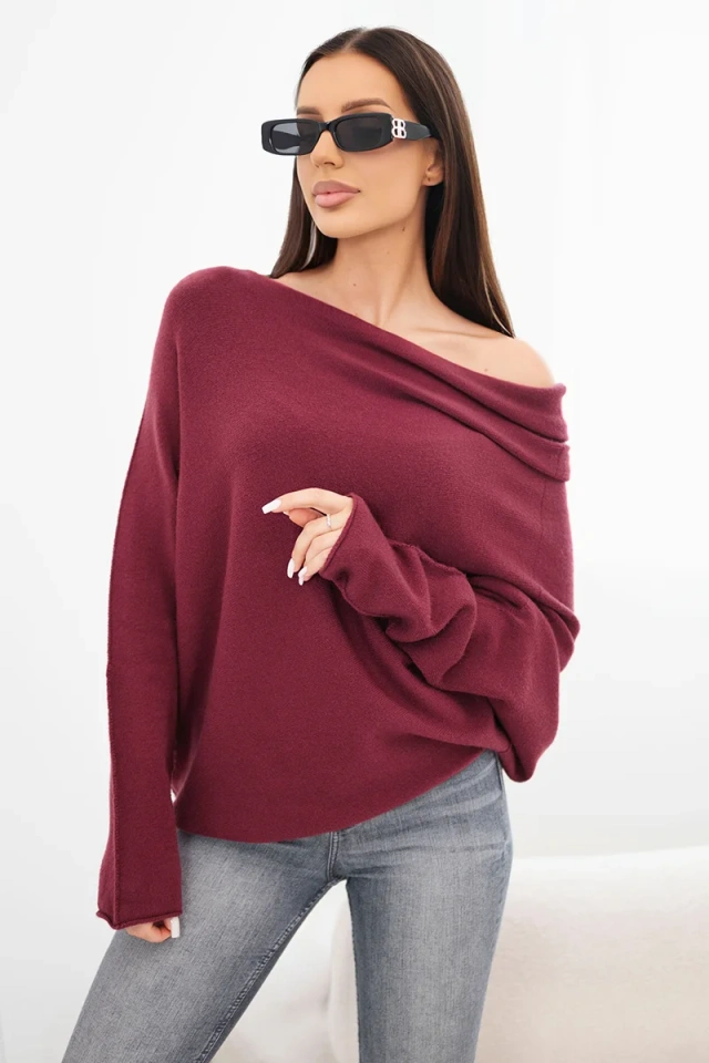 Sweter damski wiskozowy asymetryczny typu nietoperz śliwkowy