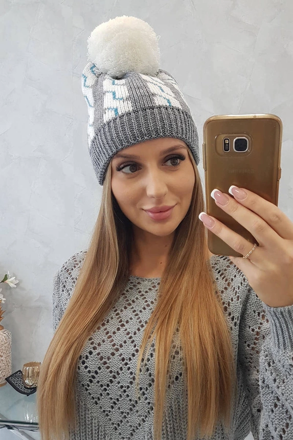 Dámská čepice s bambulí Rozalia K323 bílá+šedá