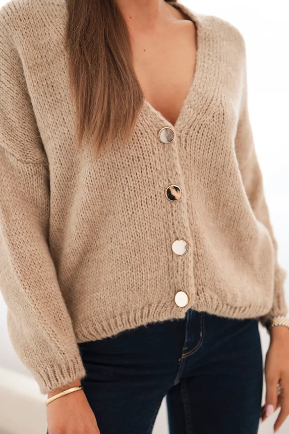 Women's sweater with a V-neck and buttons camel