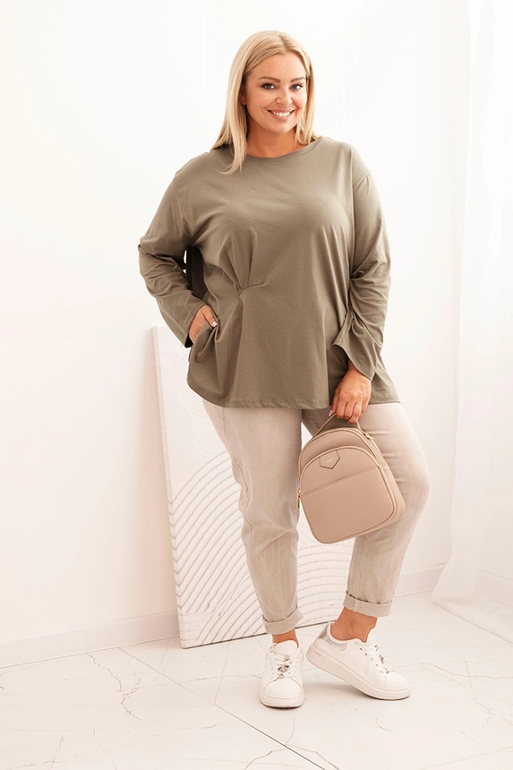 Dámská blůza Plus Size s bavlnou, kapsou a ohrnutým rukávem kiwi