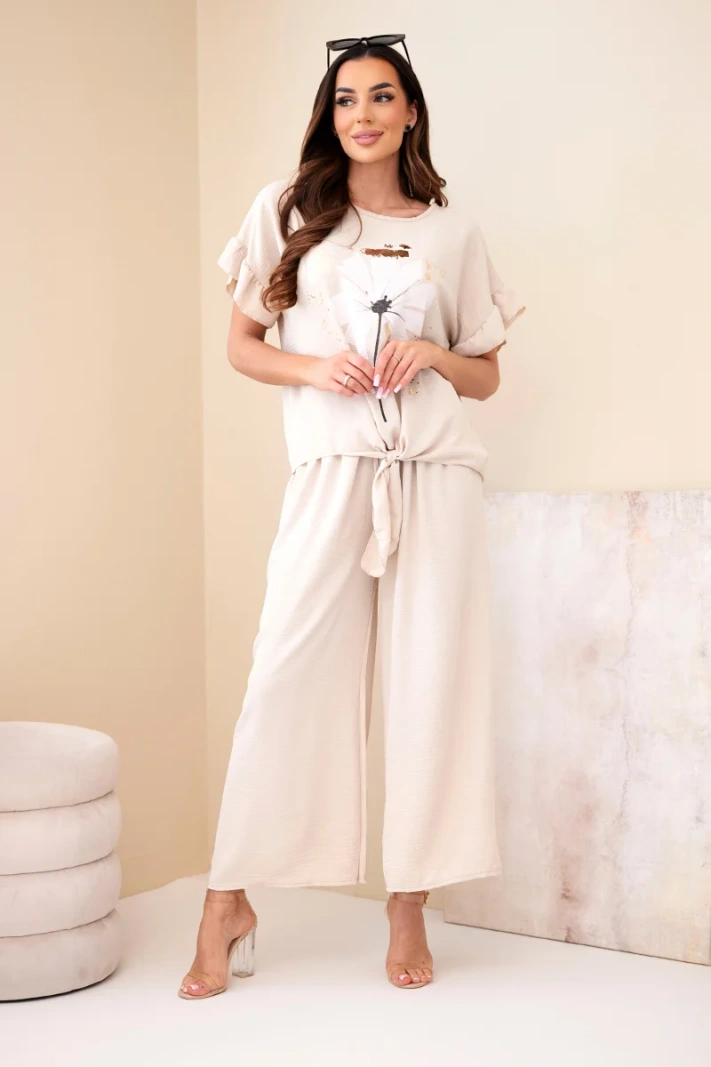 Damen-Viskose-Set mit bedruckter Bluse und Hose beige