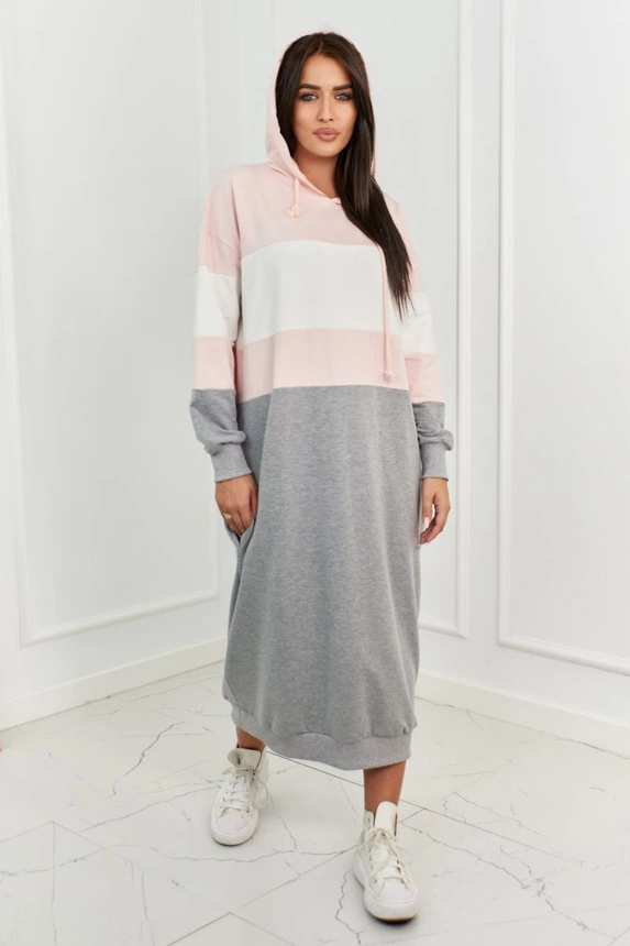 Tricolor dress with hood powder pink + ecru + grey