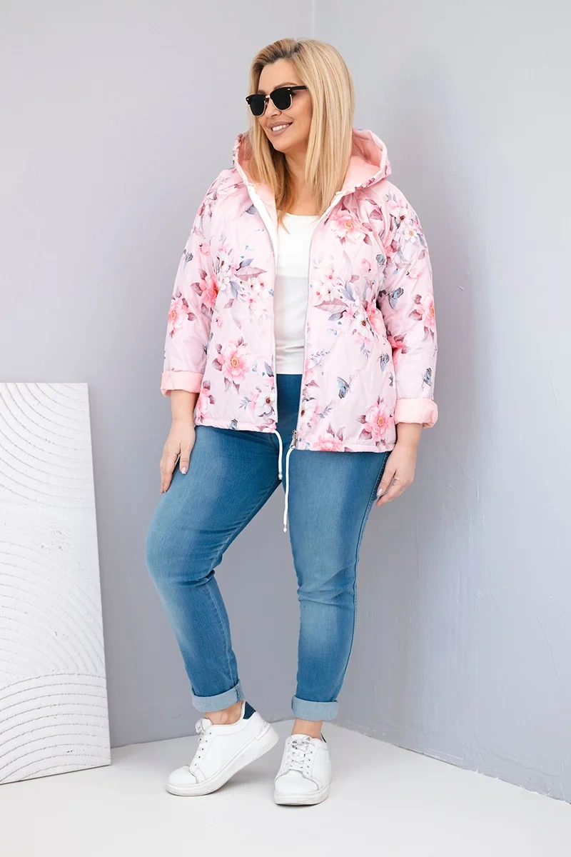 Kurtka damska wiosenna pikowana Plus Size z kapturem i kwiatowym wzorem pudrowy róż