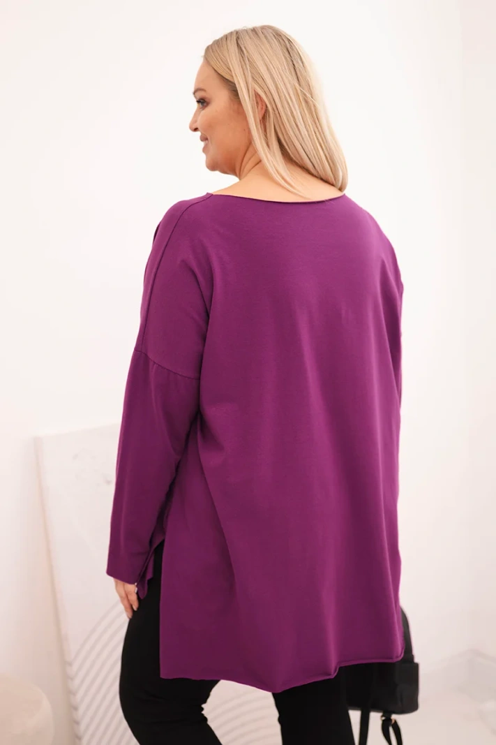 Asymmetrical Plus Size women's blouse with long sleeves dark purple