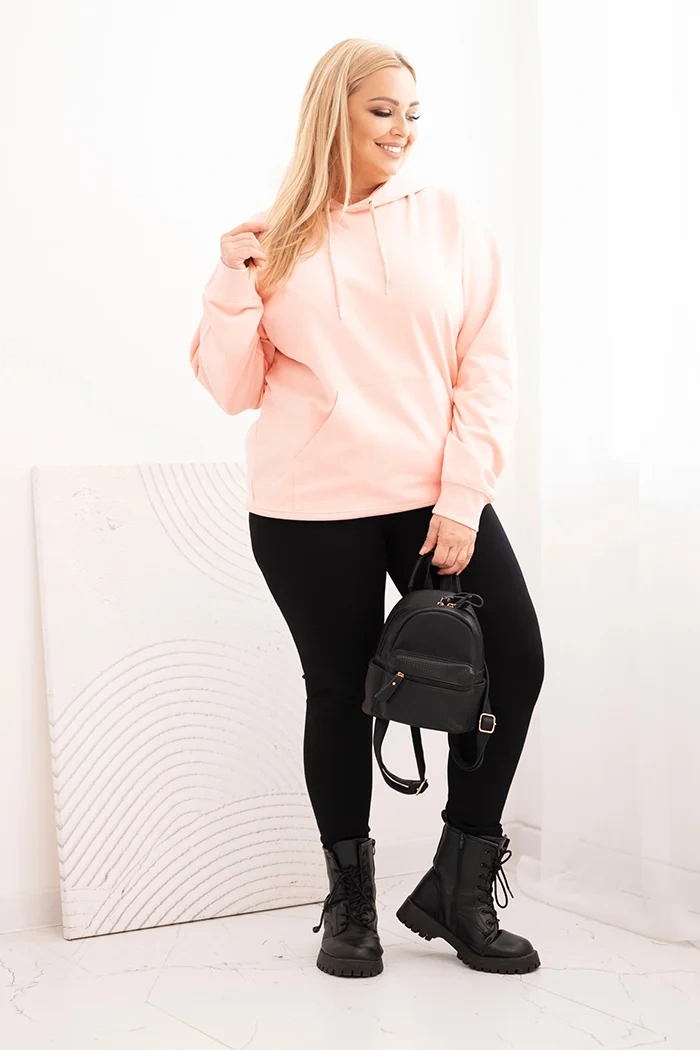Moteriška plus size medvilninė megztinė su gobtuvu ir kengūros kišene lašišinė