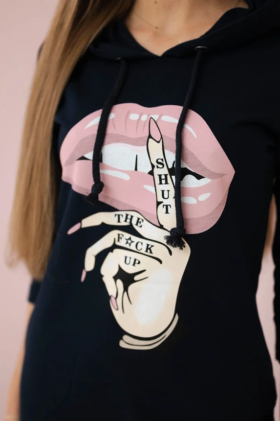 Kleid mit längerem Rücken und buntem Druck marineblau