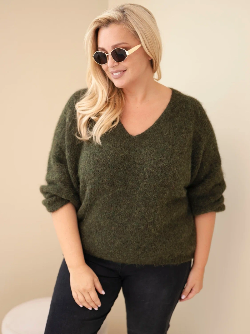 Women's Plus Size Sweater with V-neck and wide sleeve khaki