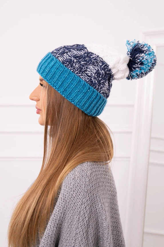 Cap with a pompom Abigail K326 turquoise+navy blue+white