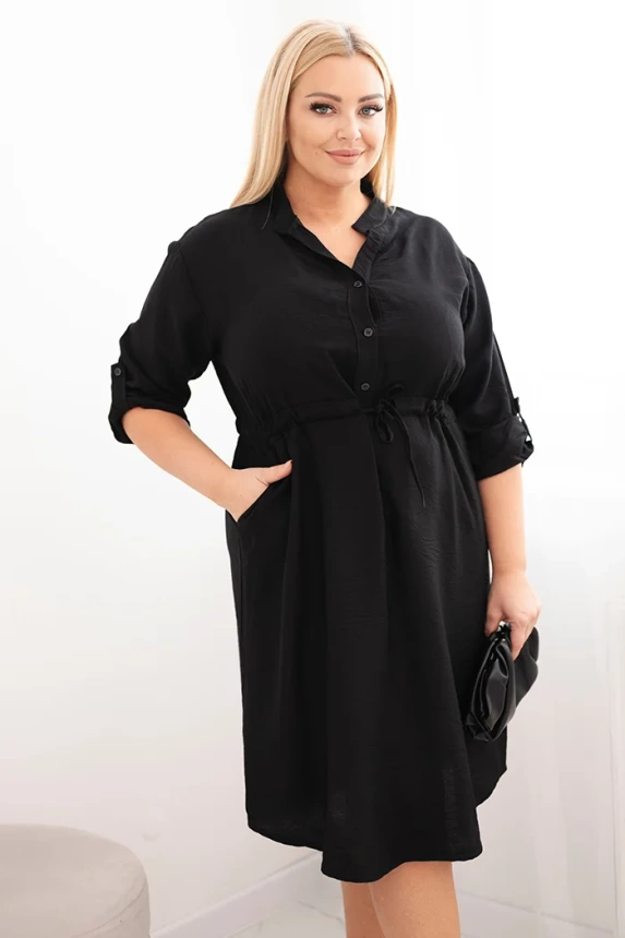 Plus Size women's viscose dress with buttons and a tie at the waist black