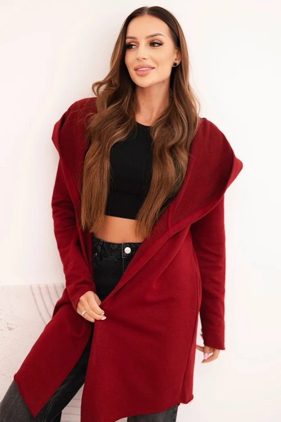 Dámska bavlnená prešívaná bunda s kapucňou a predĺženým predným dielom bordová