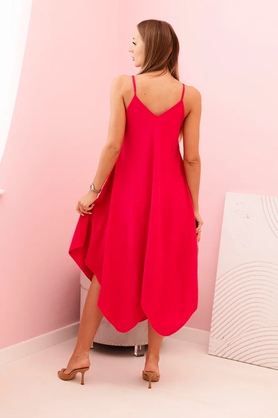 Women's flared dress with spaghetti straps and an asymmetrical hem fuchsia