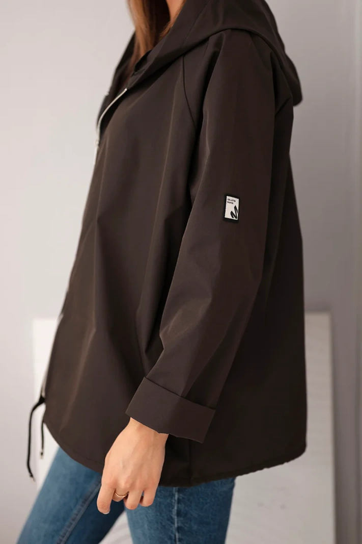 Women's spring jacket with hood and drawstring dark brown