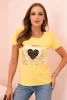Women's cotton blouse with ruffle and heart made of rhinestones yellow