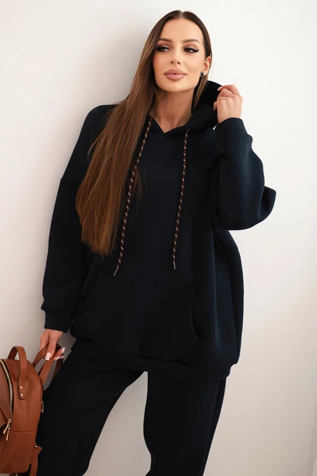 Komplet dresowy damski ocieplany z bawełny i z kapturem granatowy