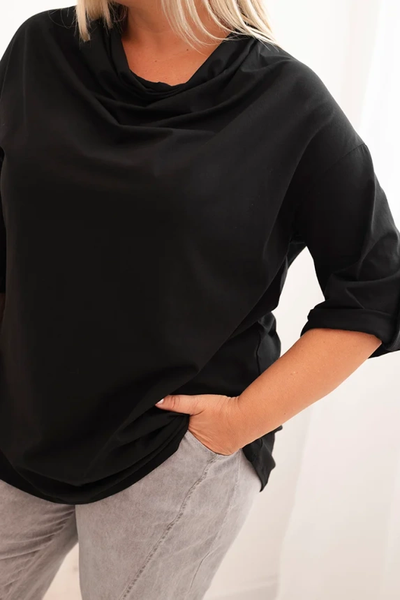 Moteriška Plus Size palaidinė su medvilne laisvu kirpimu su vandens iškirpte juoda