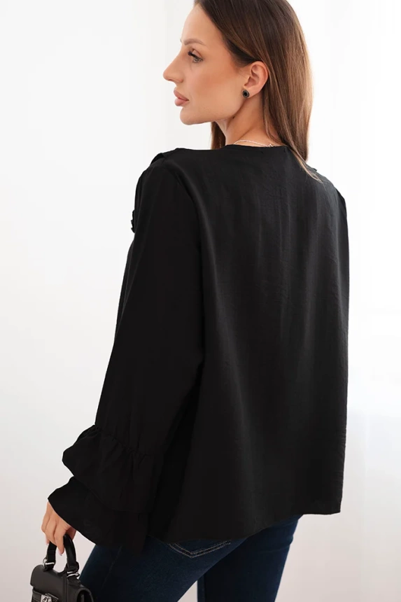 Women's viscose blouse with frills and long sleeves black