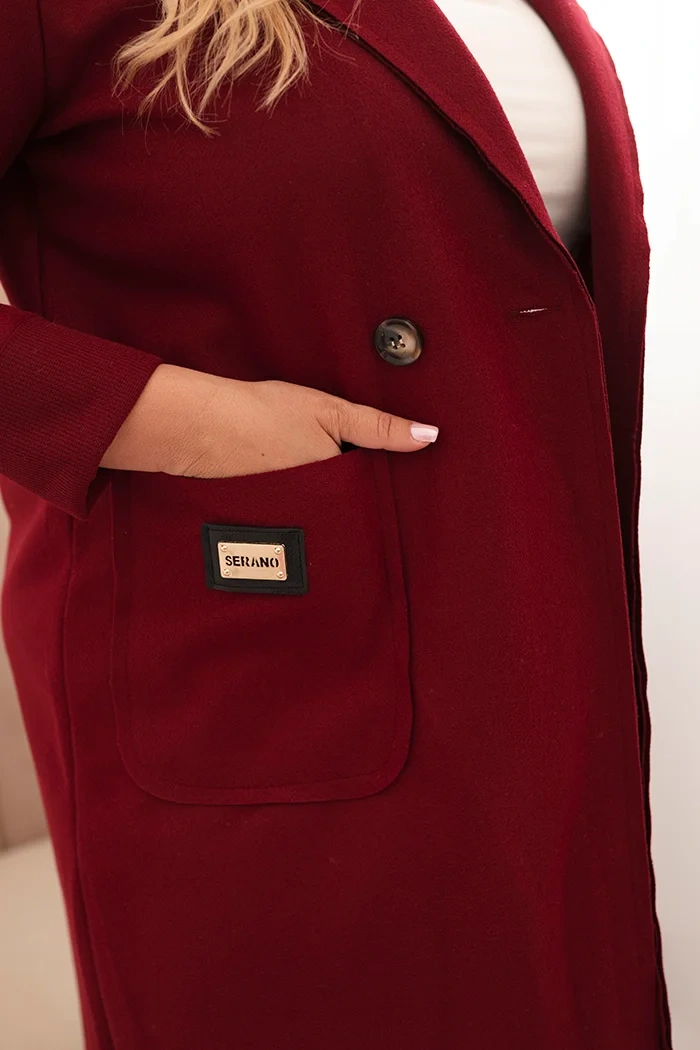 Moteriškas elegantiškas Plus Size paltas su apykakle ir didelėmis kišenėmis bordo