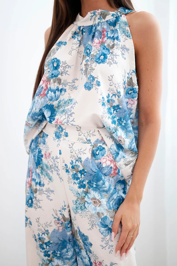 Damen-Set mit Bluse und weiten Hosen mit Blumenmuster jeansblau