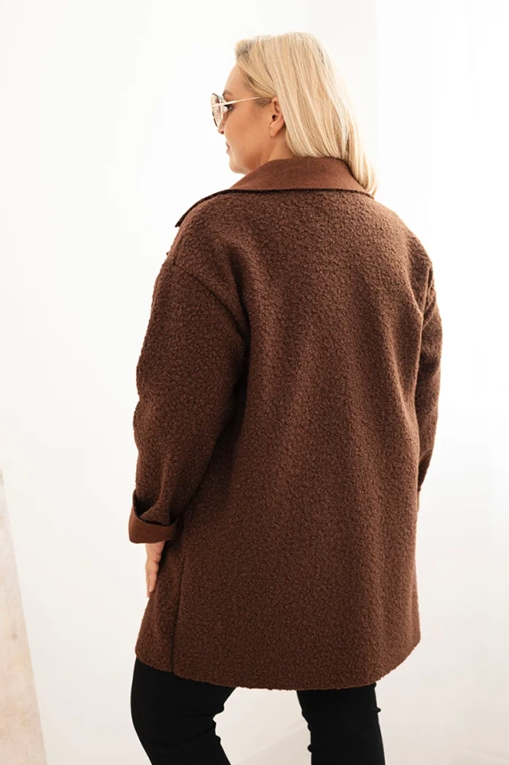 Płaszcz damski Plus Size baranek z wełną i kieszeniami czekoladowy