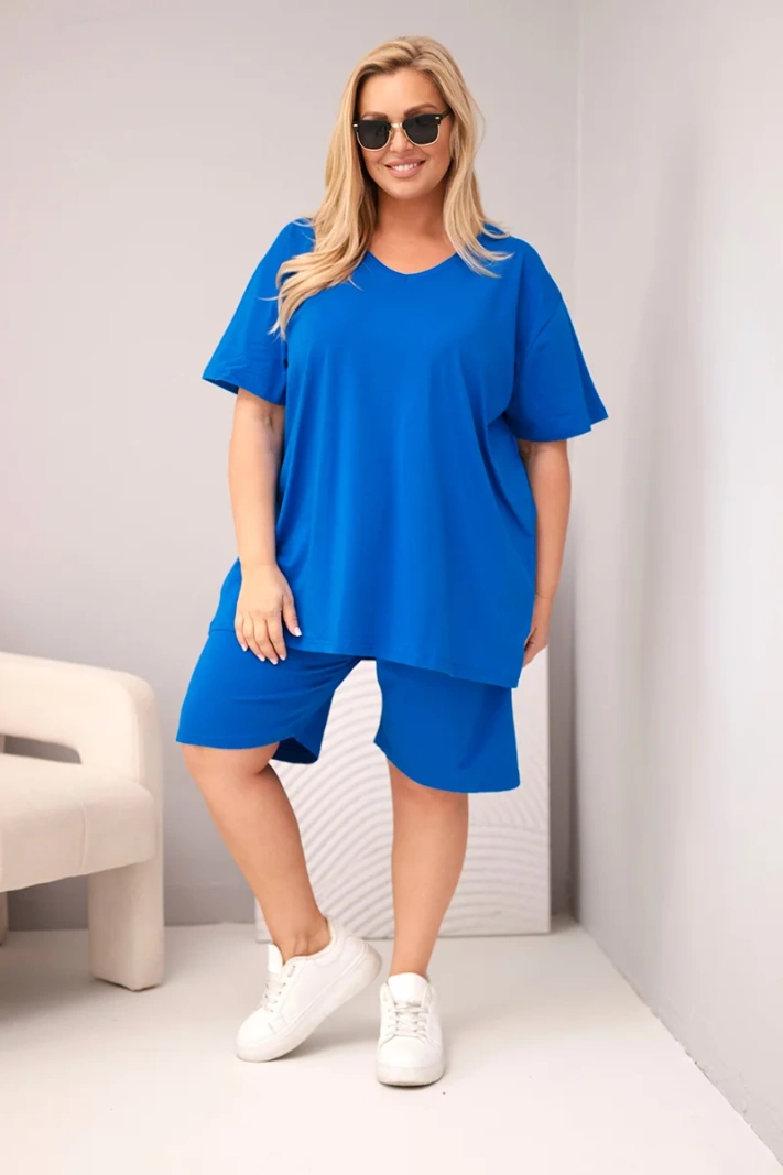 Dámsky bavlnený komplet Plus Size s blúzkou a šortkami chrpová