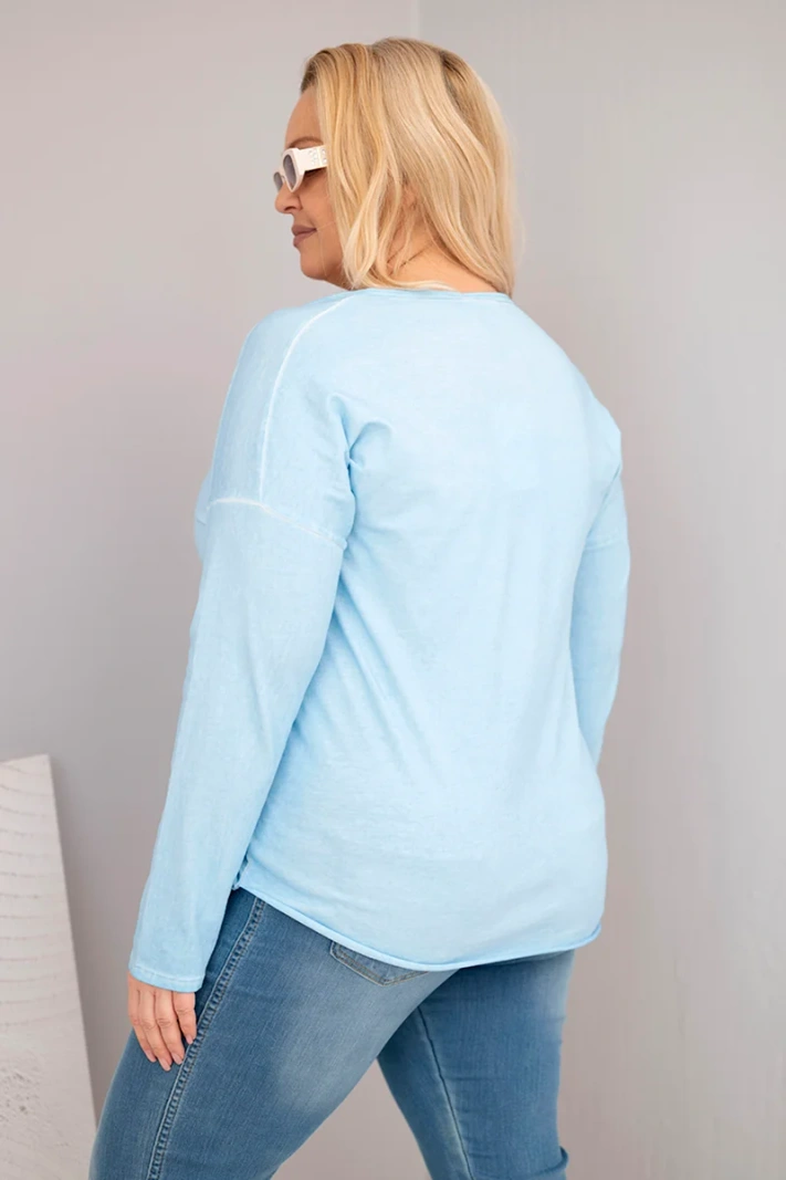 Plus Size women's blouse with a V-neck and longer back blue