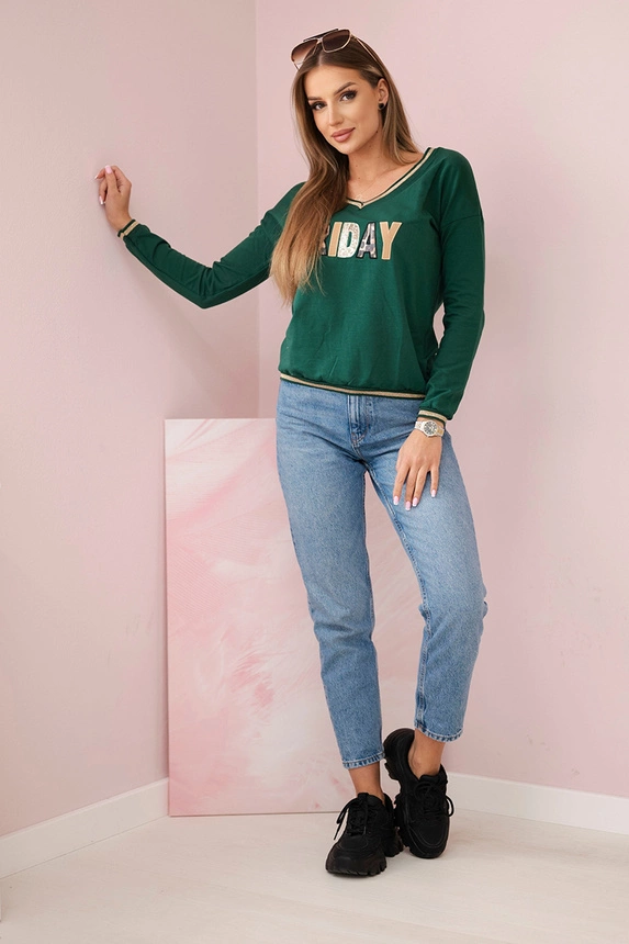 Women's sweatshirt with a sequin inscription green