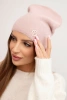 Classic women's hat made of soft knit with a decorative plate powder pink