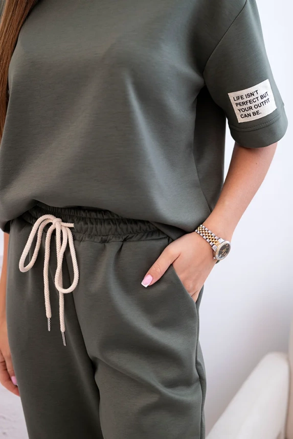 Damen-Viskose-Set mit kurzen Ärmeln und Hosen khaki