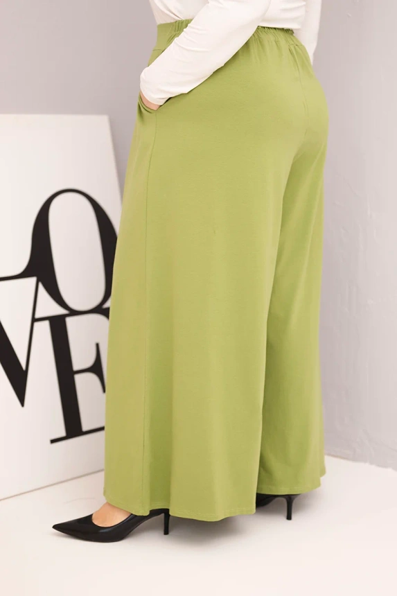 Dámske bavlnené nohavice Plus Size s širokou nohavicou a voľným strihom pistáciové