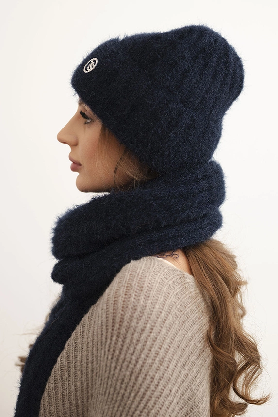 Women's set hat and long scarf made of soft yarn navy blue