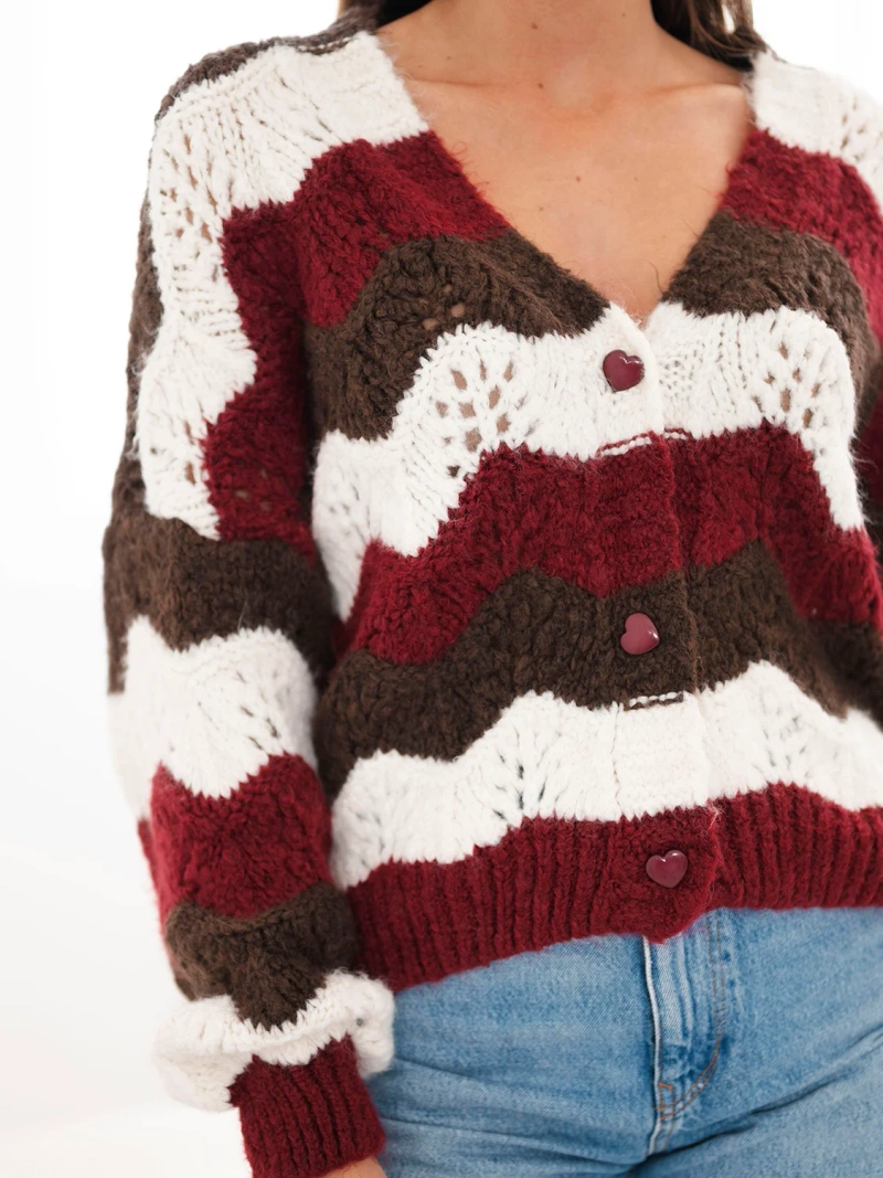 Women's openwork striped cardigan buttoned brown + burgundy