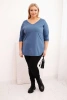 Damenbluse aus Baumwolle Plus Size mit V-Ausschnitt und umgeschlagenem Ärmel jeansblau