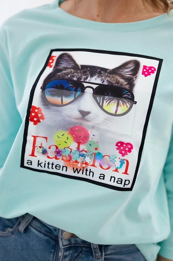 Bluse mit 3D-Katzengrafik mint
