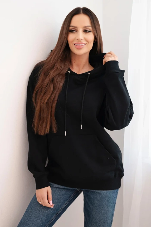 Women's looped cotton sweatshirt with a hood and kangaroo pocket black