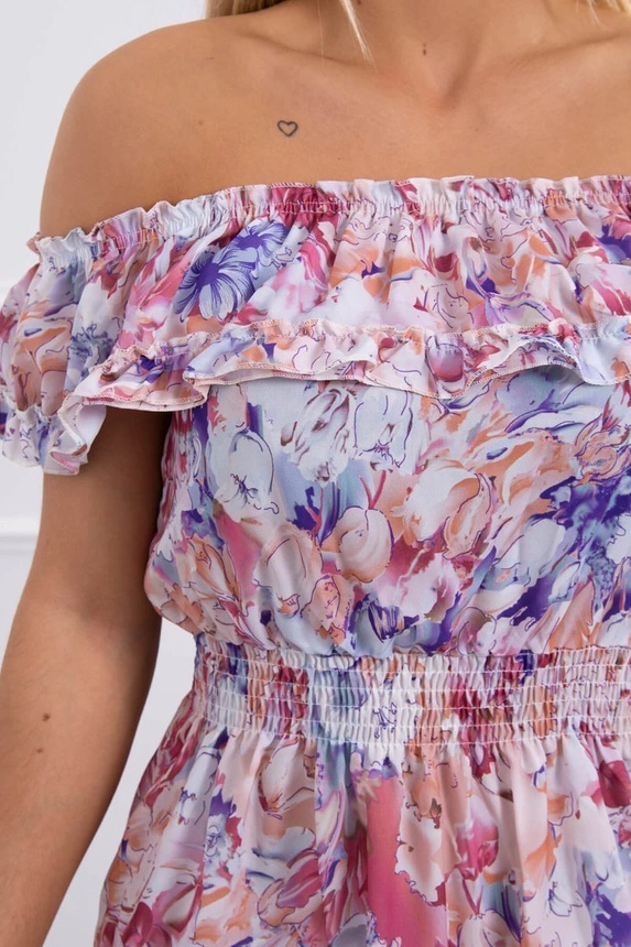 Geblümtes Kleid mit offenen Schultern, dunkelrosa