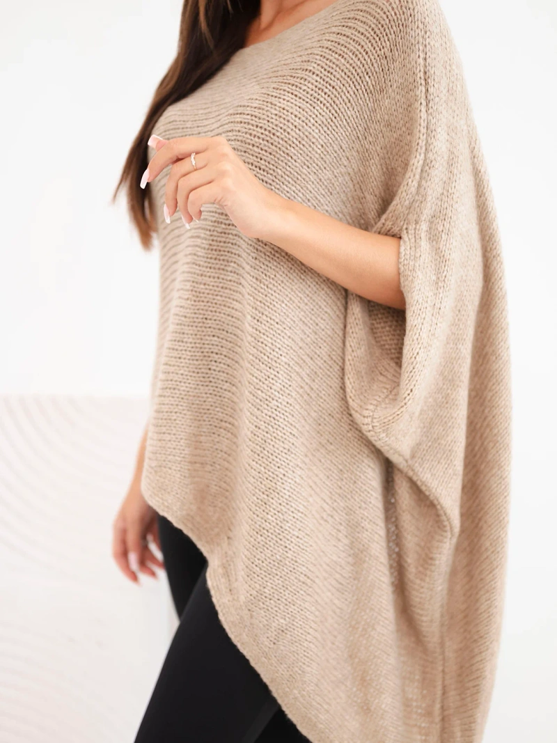 Women's asymmetric poncho sweater with mohair and wide neckline camel colored