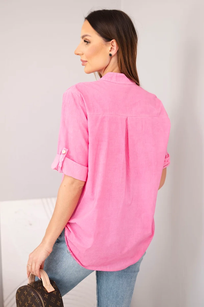 Damen-Hemdbluse aus Baumwolle mit kurzen Ärmeln und Brusttasche rosa