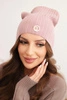 Women's ribbed cap with decorative button made of wool and modal dark pink