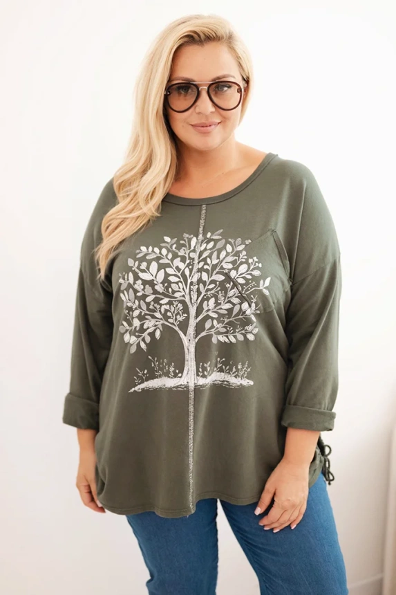 Women's Plus Size cotton blouse with tree print khaki