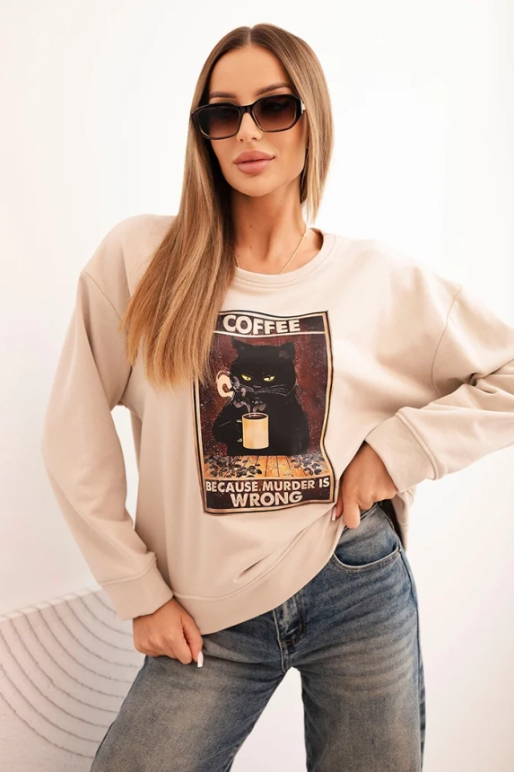 Women's cotton sweatshirt with a cat print and text beige