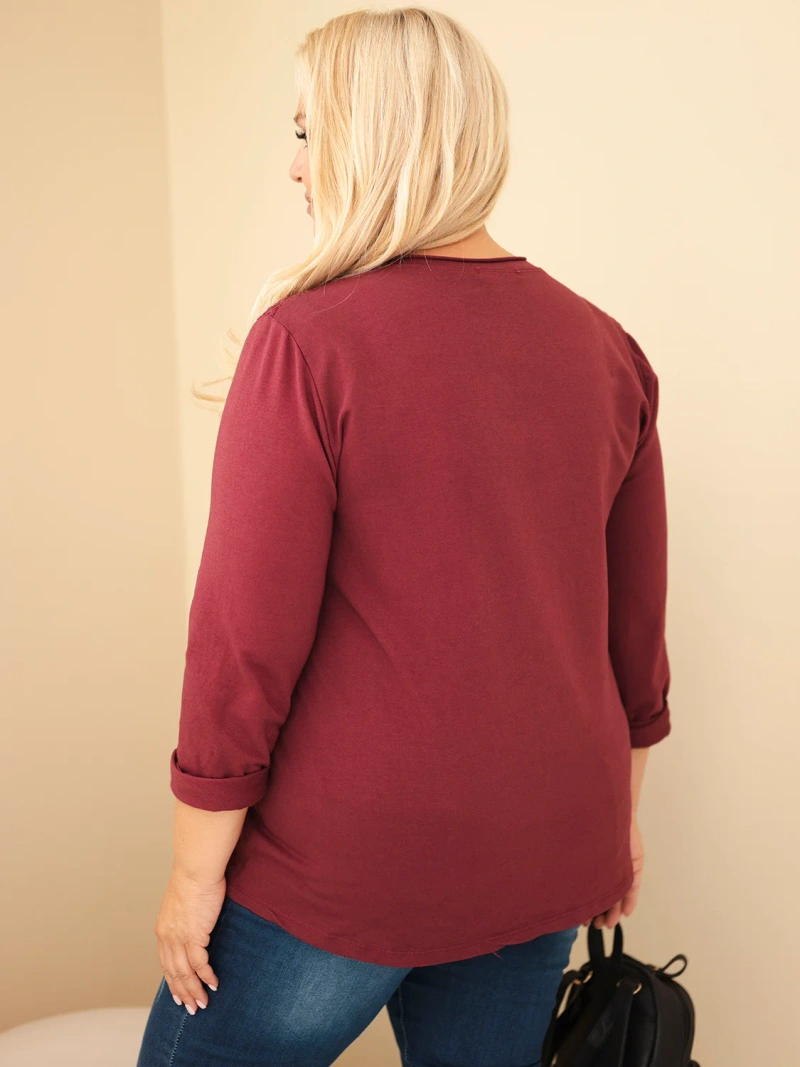 Damen Baumwollpullover Plus Size mit durchbrochenem Einsatz und Tasche bordaux